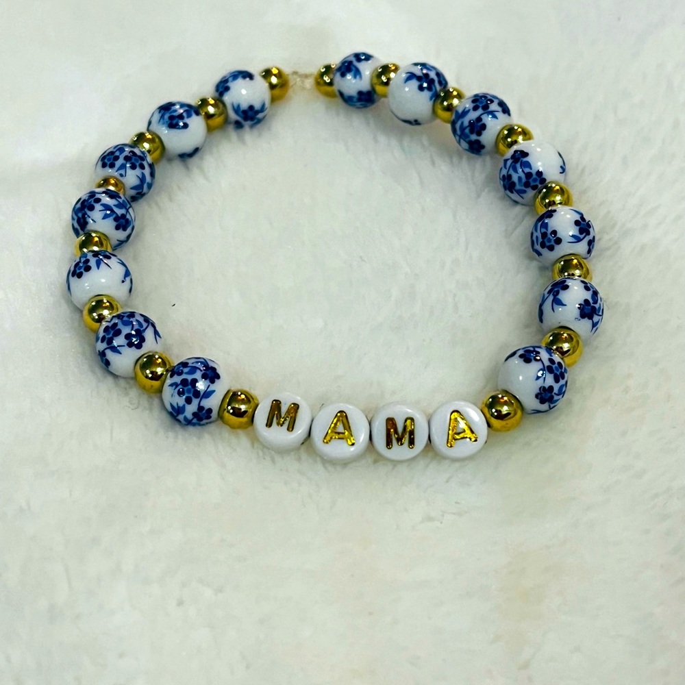💙Blue and Gold Porcelain Beaded 'MAMA' Bracelet